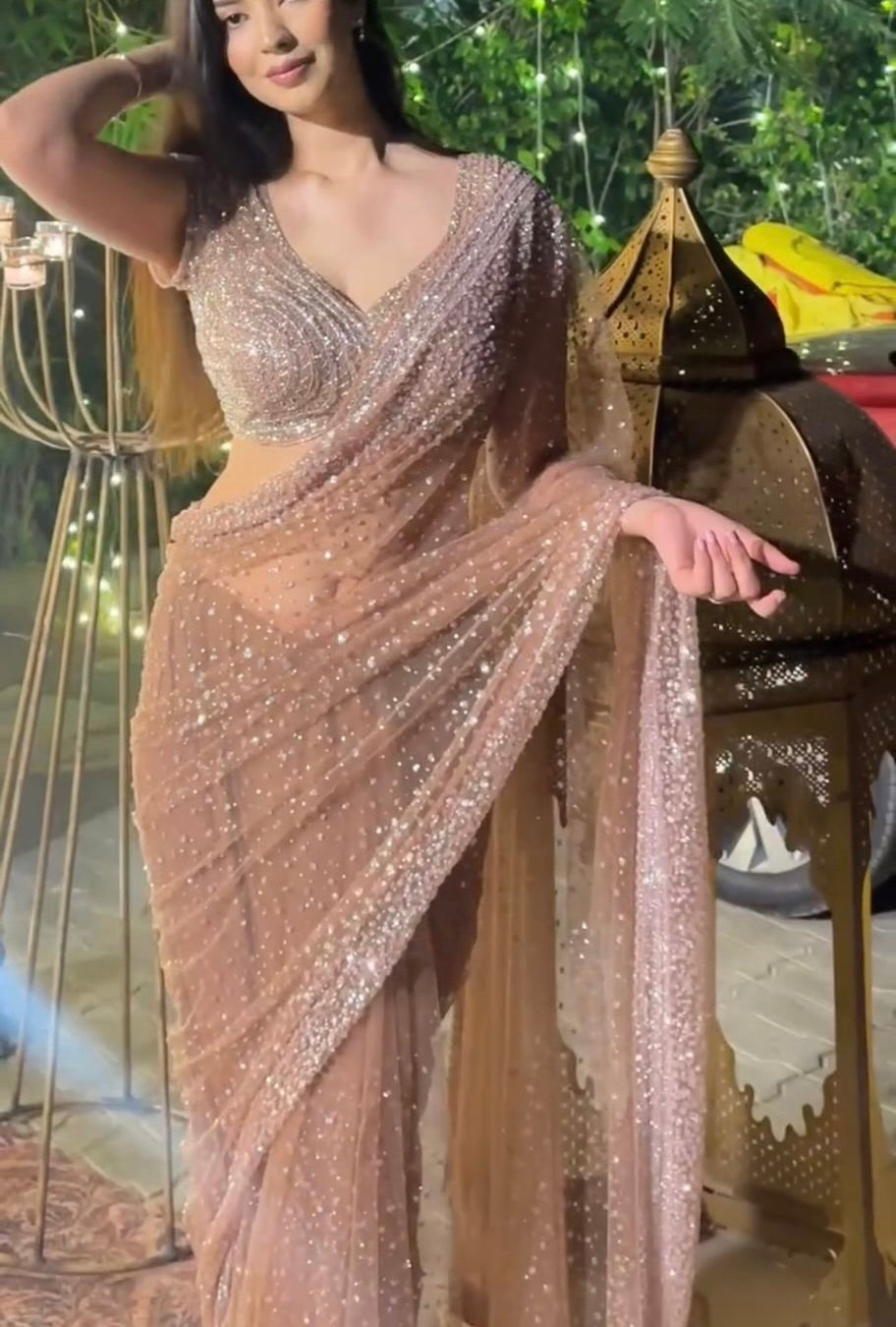 Luxury Rose Gold Sequin  Pre-Draped Saree With Designer Blouse