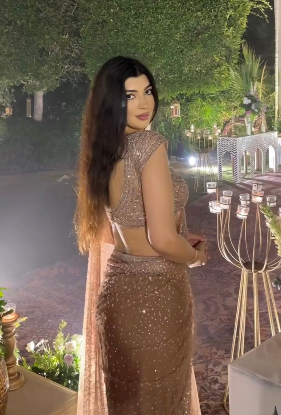 Luxury Rose Gold Sequin  Pre-Draped Saree With Designer Blouse
