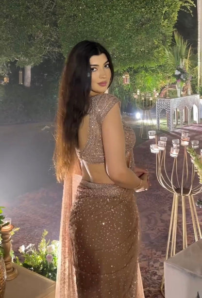 Luxury Rose Gold Sequin  Pre-Draped Saree With Designer Blouse