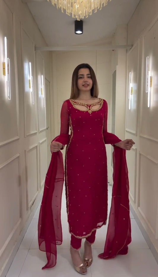 Cherry Red Faux Georgette Three Piece Set With Embroidery And Real Pearl Moti Work