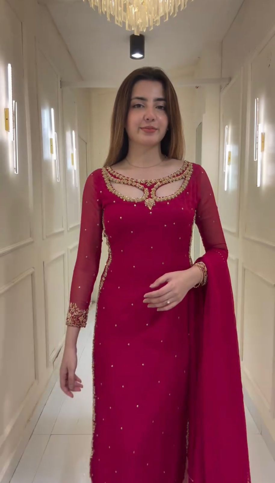 Cherry Red Faux Georgette Three Piece Set With Embroidery And Real Pearl Moti Work