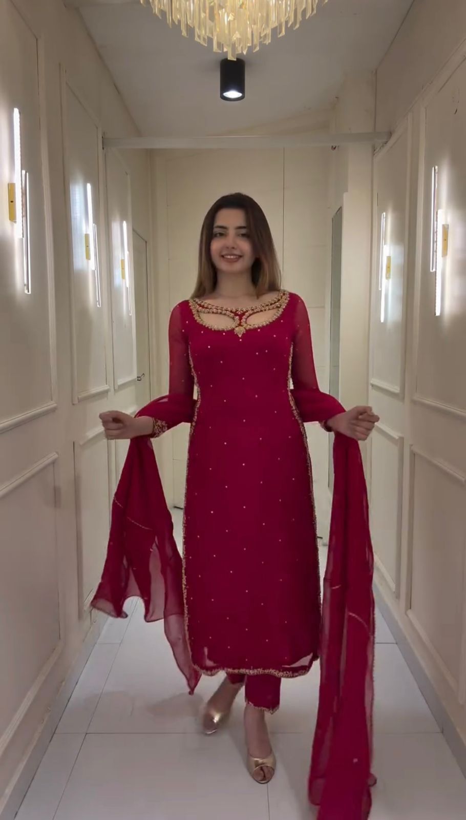 Cherry Red Faux Georgette Three Piece Set With Embroidery And Real Pearl Moti Work