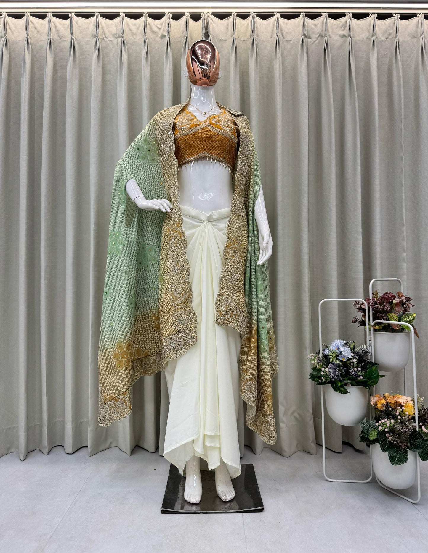 Yellow Colour Three Piece Set With Silk Indo Western Outfit For Designer Look
