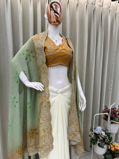 Yellow Colour Three Piece Set With Silk Indo Western Outfit For Designer Look