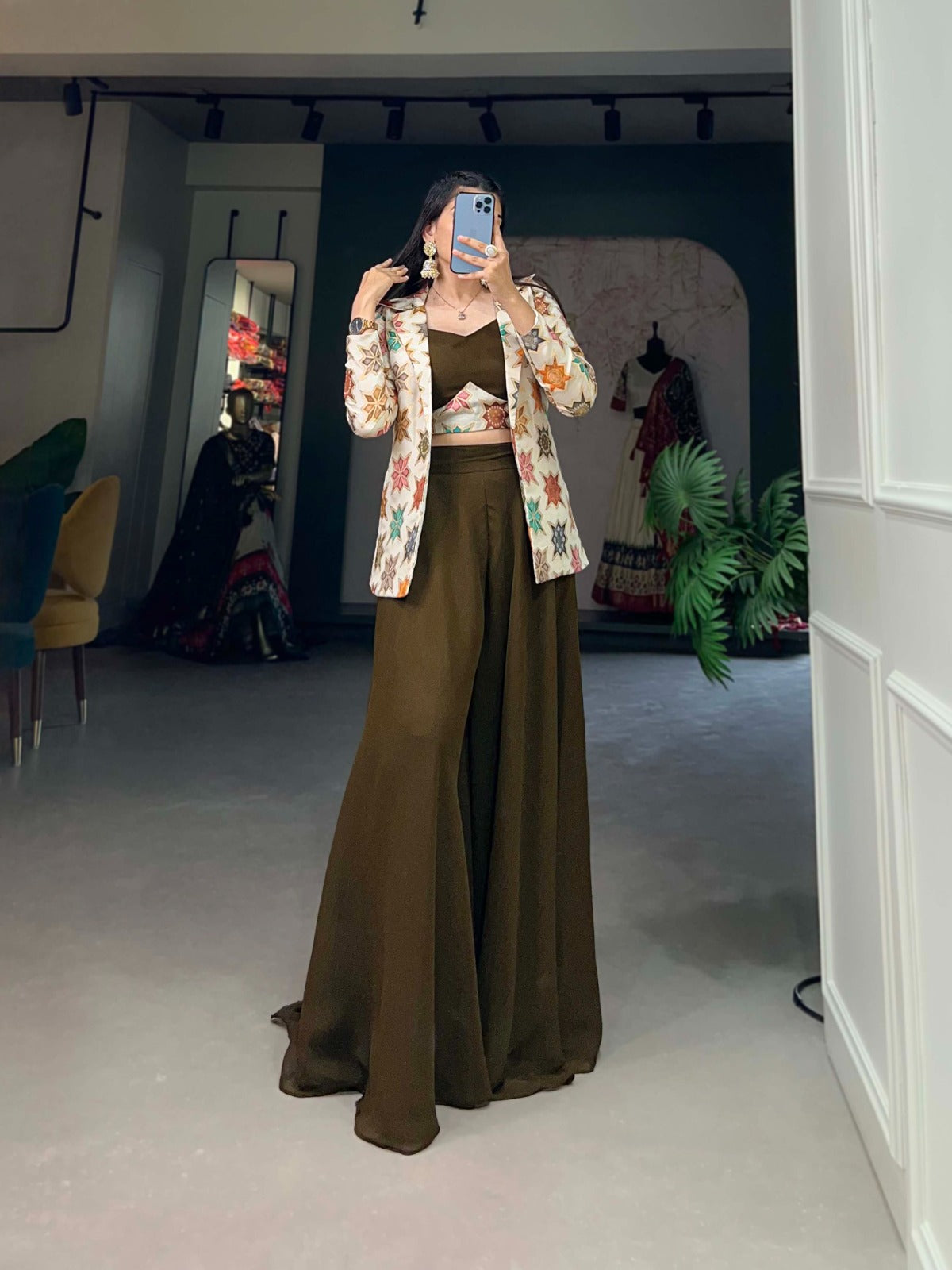 Breathtaking Mehendi Green Georgette Blouse Koti Palazzo Set - INDIAN ELEGANCE