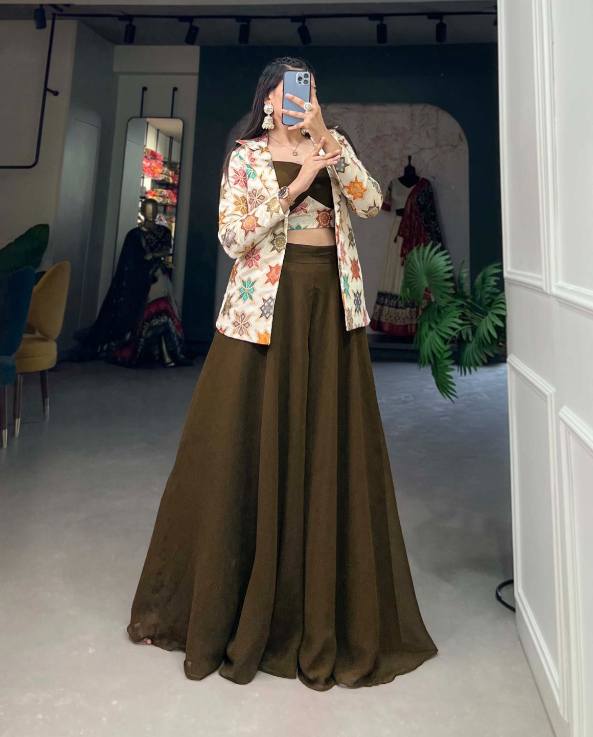 Breathtaking Mehendi Green Georgette Blouse Koti Palazzo Set - INDIAN ELEGANCE