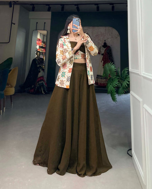 Breathtaking Mehendi Green Georgette Blouse Koti Palazzo Set - INDIAN ELEGANCE