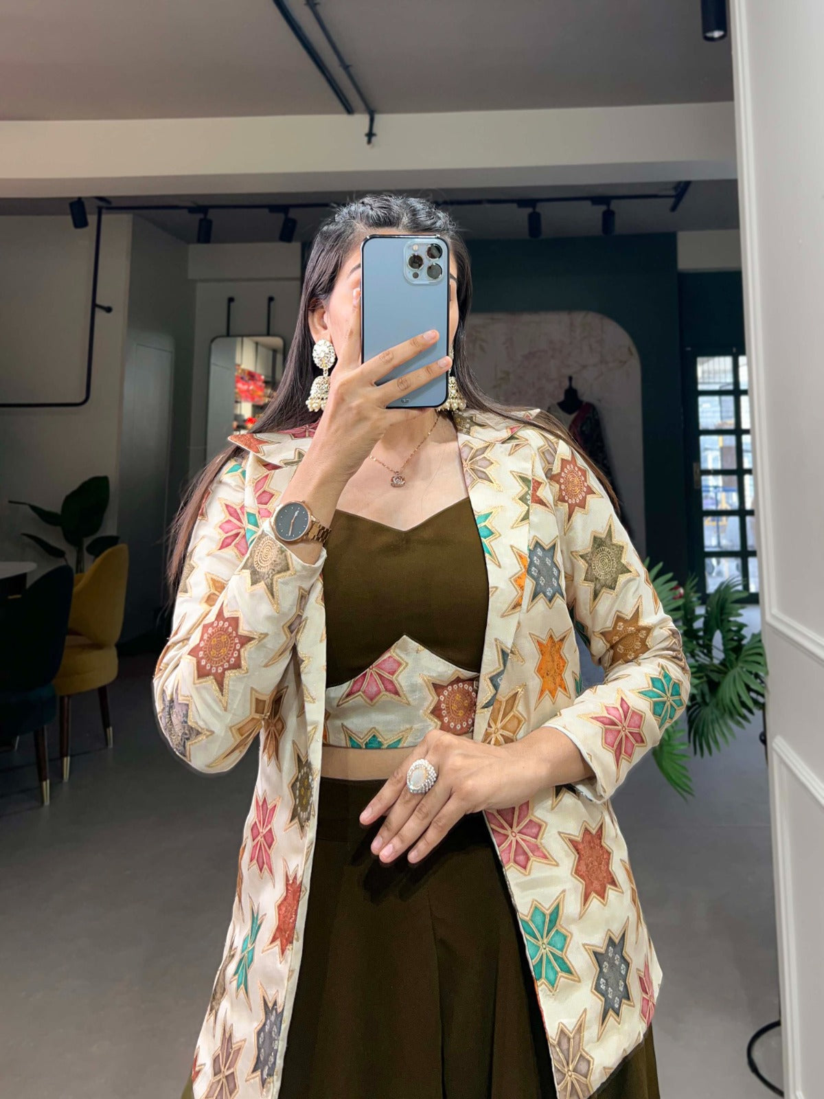 Breathtaking Mehendi Green Georgette Blouse Koti Palazzo Set - INDIAN ELEGANCE