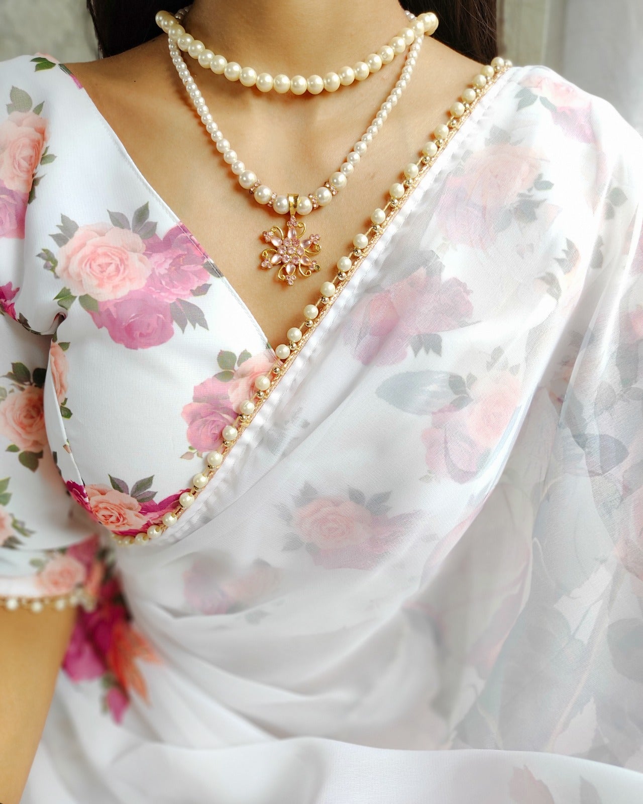 Stunning Georgette Floral Printed Pearl Lace Border Worked Saree - INDIAN ELEGANCE