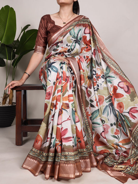 Ravishing Tussar Silk Viscose Border Worked Printed Saree - INDIAN ELEGANCE