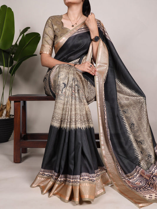 Fabulous Chikoo Tussar Silk Viscose Border Worked Printed Saree - INDIAN ELEGANCE