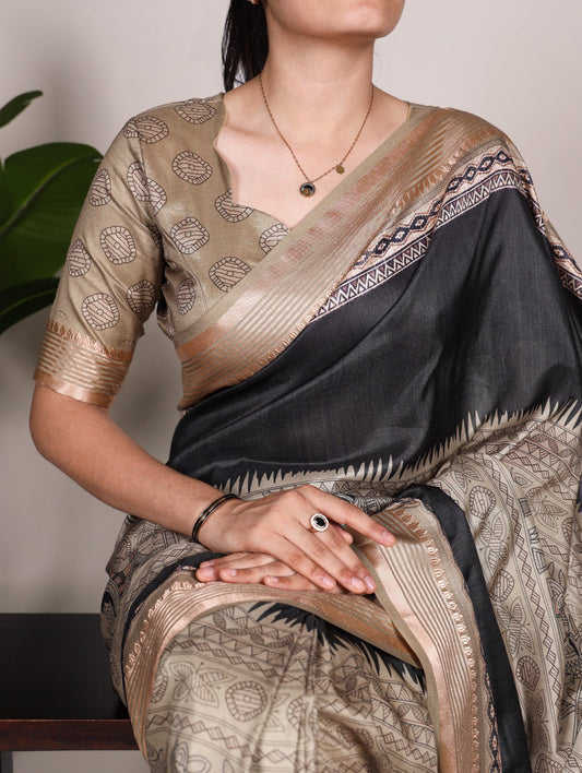 Fabulous Chikoo Tussar Silk Viscose Border Worked Printed Saree - INDIAN ELEGANCE