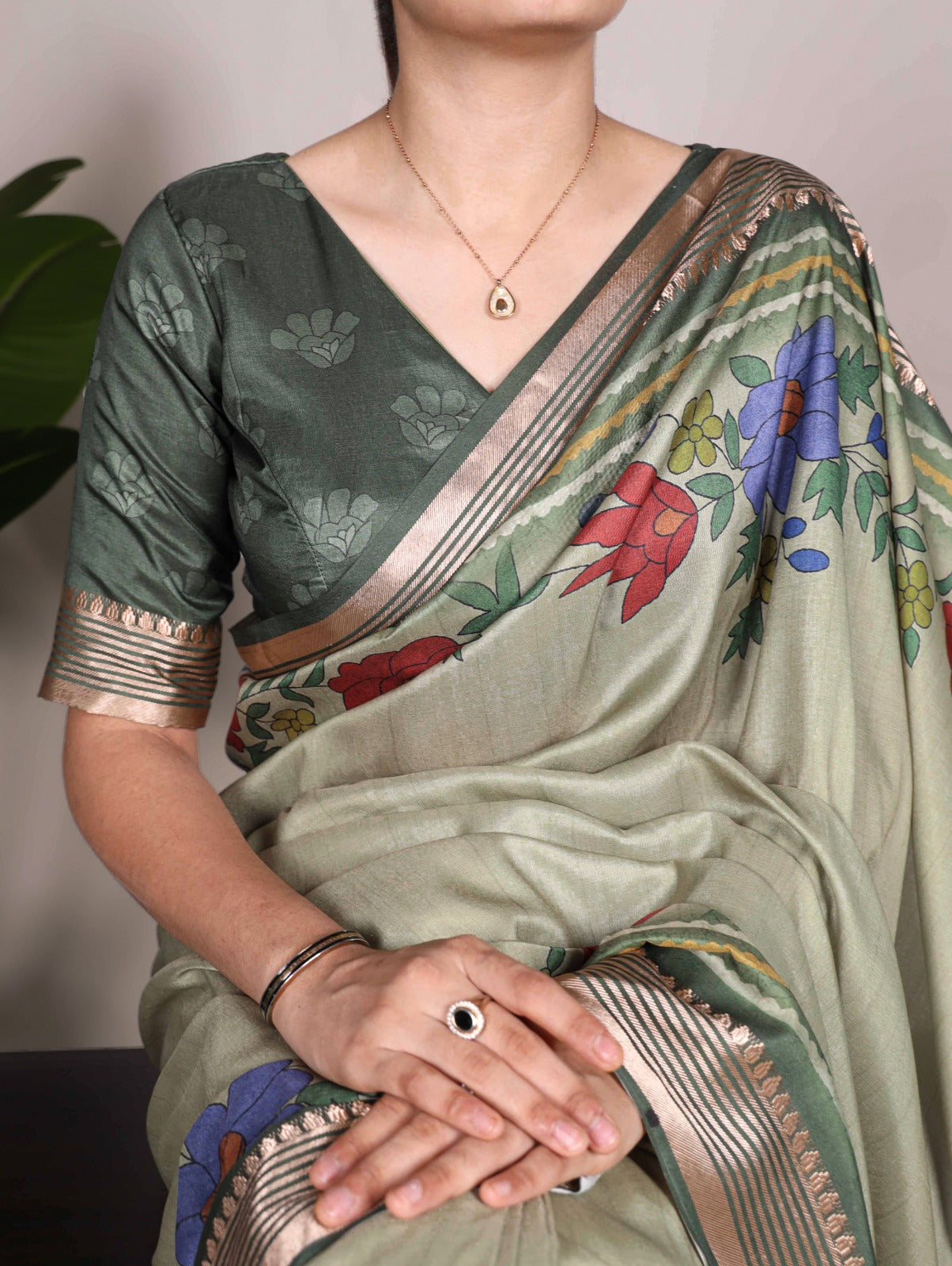 Divine Mehendi Green Tussar Silk Viscose Border Worked Printed Saree - INDIAN ELEGANCE