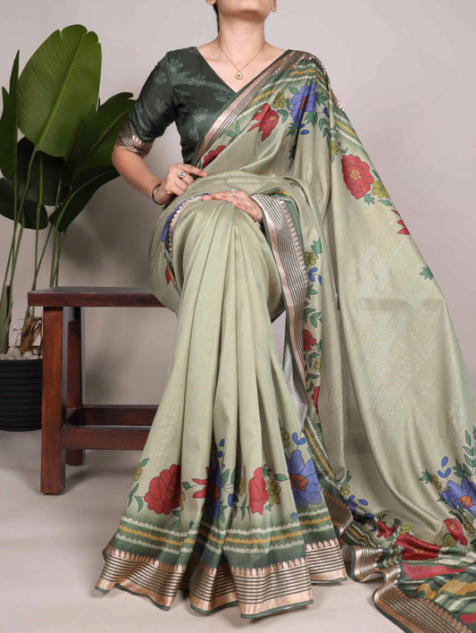 Divine Mehendi Green Tussar Silk Viscose Border Worked Printed Saree - INDIAN ELEGANCE
