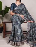 Enamoring Navy Blue Tussar Silk Viscose Border Worked Printed Saree- Printed Silk Blouse