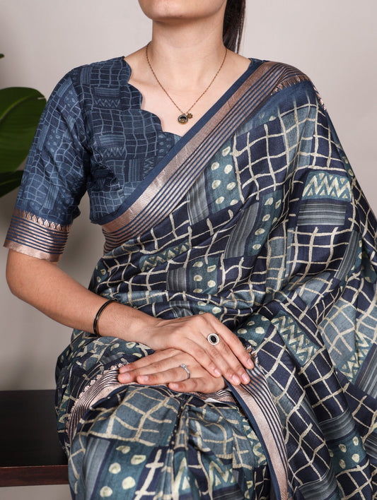 Luminous Navy Blue Tussar Silk Viscose Border Worked Printed Saree - INDIAN ELEGANCE