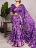 Traditional  PurpleTussar Silk Viscose Border Worked Printed Saree -Tussar Silk Blouse