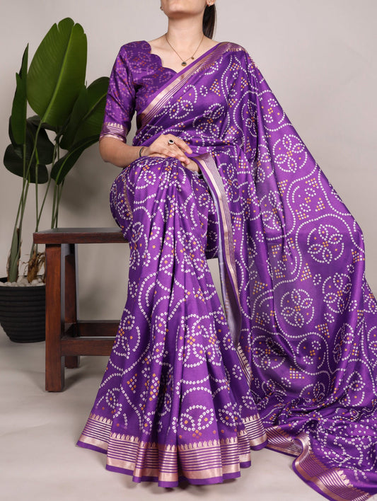 Alluring PurpleTussar Silk Viscose Border Worked Printed Saree - INDIAN ELEGANCE