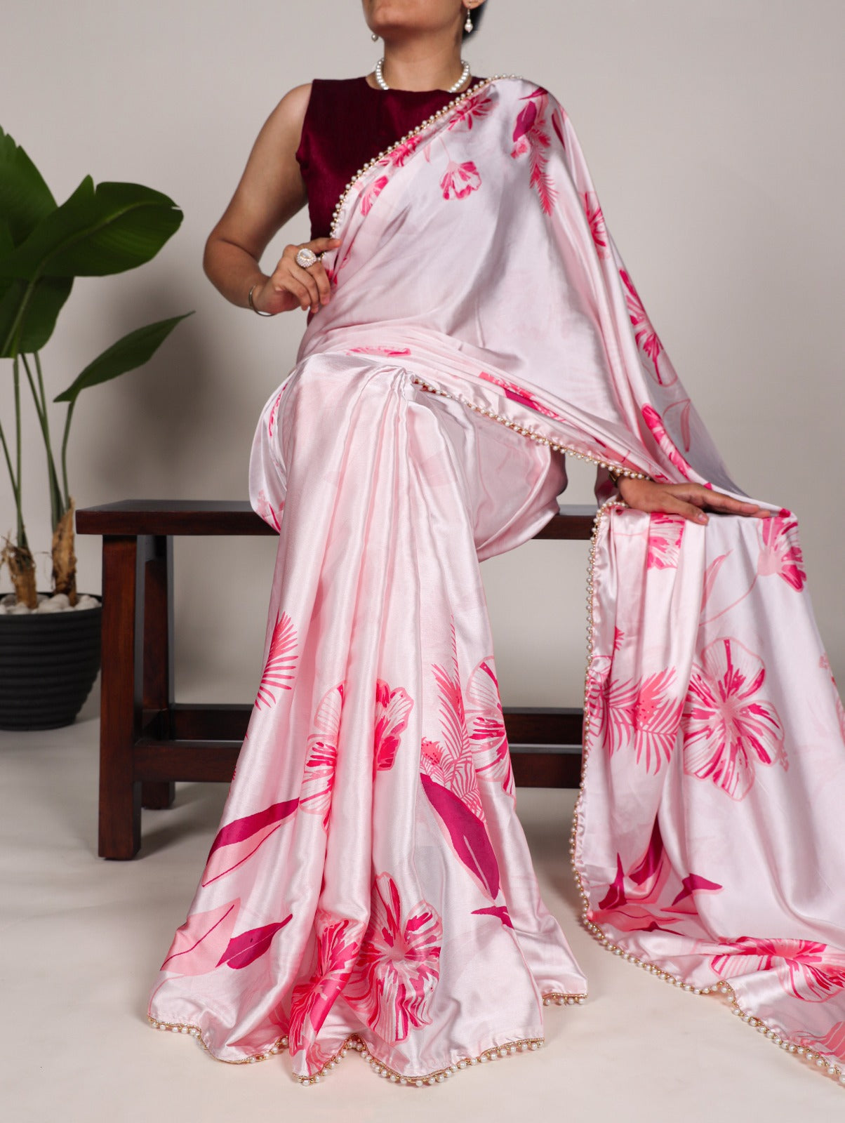Spellbinding Pink Satin Silk Floral Printed Pearl Lace Border Saree - INDIAN ELEGANCE
