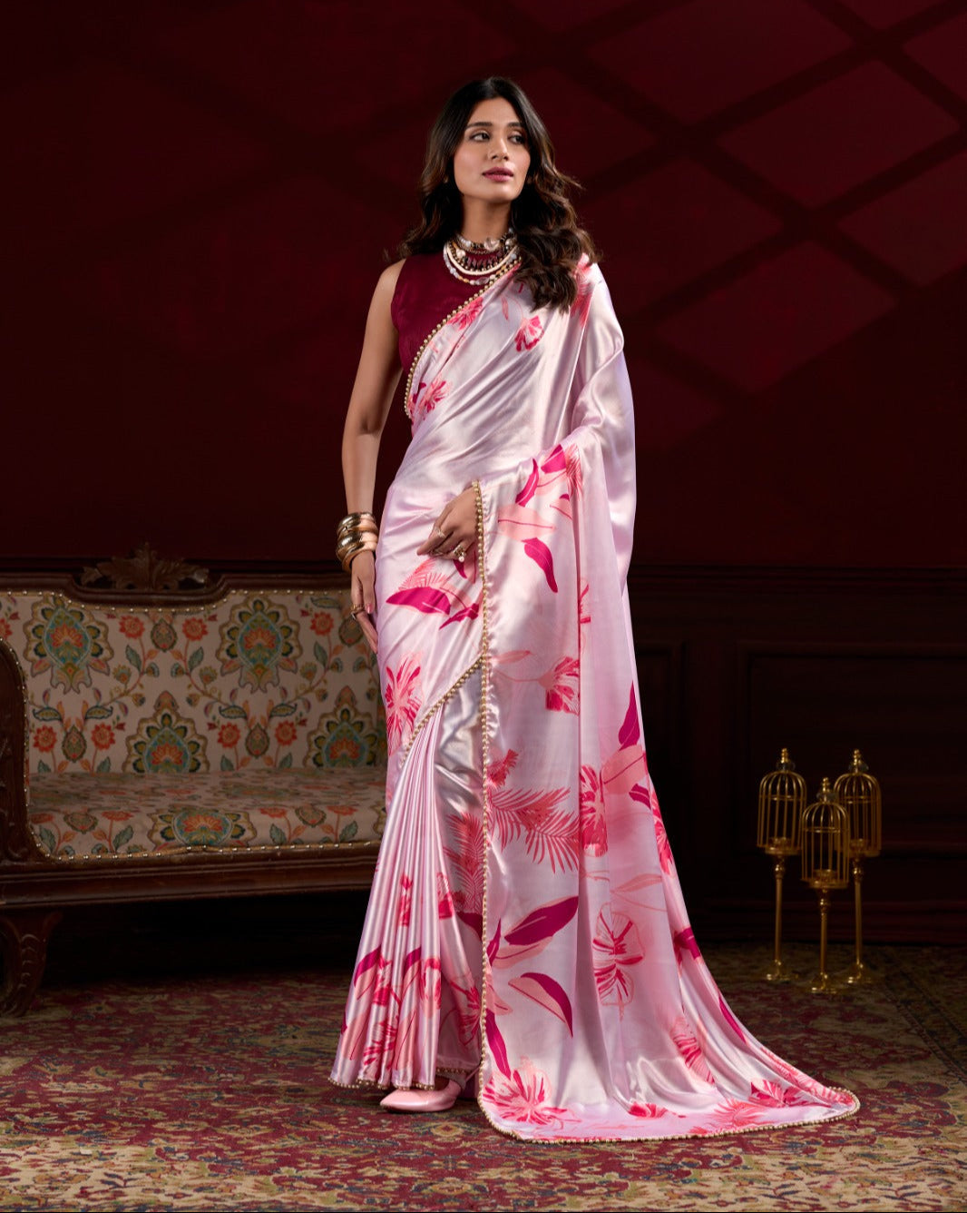 Spellbinding Pink Satin Silk Floral Printed Pearl Lace Border Saree - INDIAN ELEGANCE