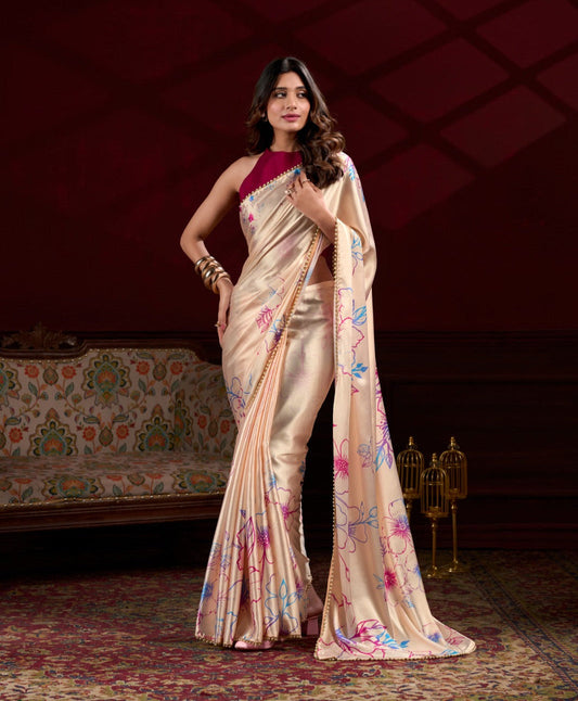 Radiant Peach Satin Silk Floral Printed Pearl Lace Border Saree - INDIAN ELEGANCE