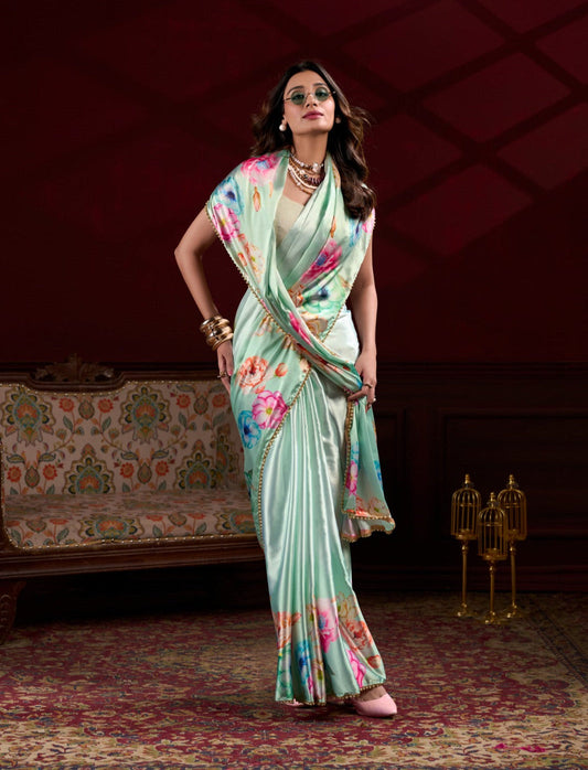 Mesmerizing Pista Green Satin Silk Floral Printed Pearl Lace Border Saree - INDIAN ELEGANCE