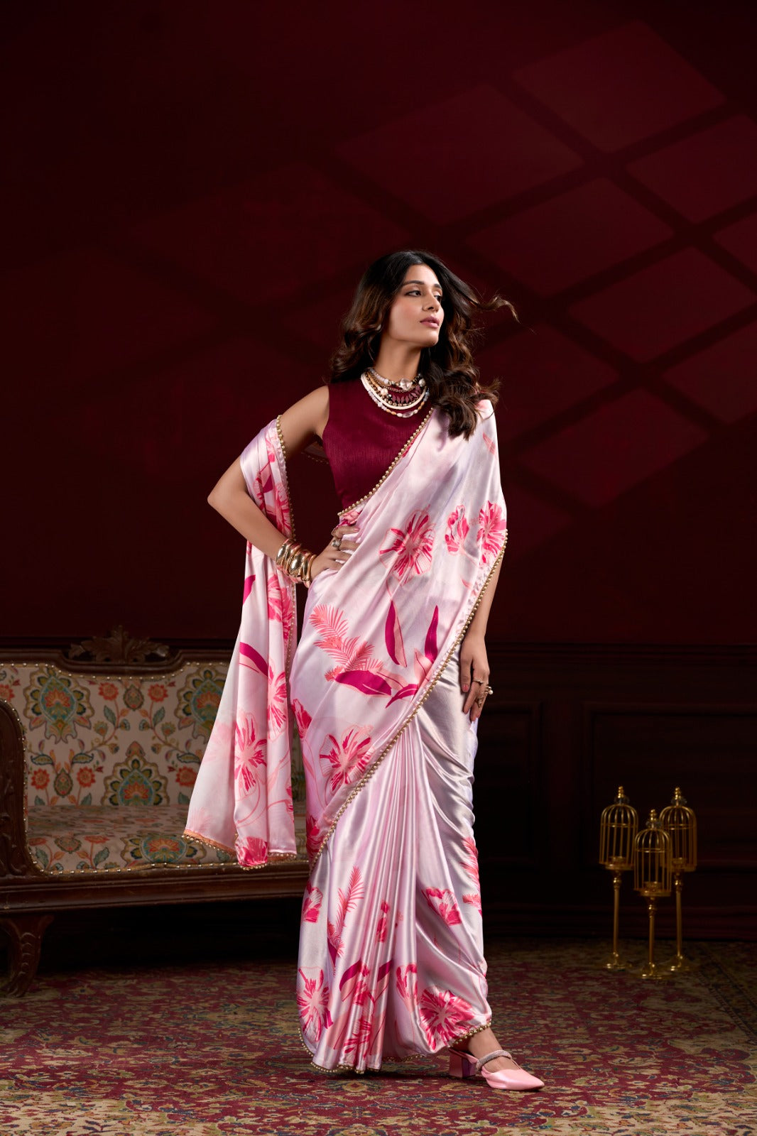 Spellbinding Pink Satin Silk Floral Printed Pearl Lace Border Saree - INDIAN ELEGANCE