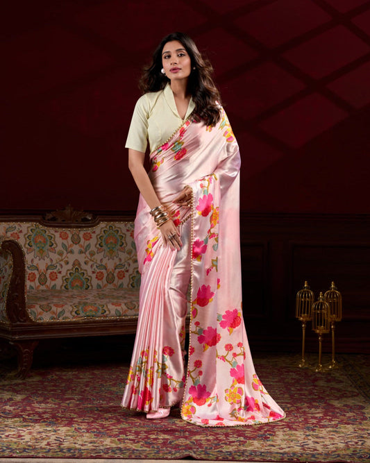 Stylish Light Pink Satin Silk Floral Printed Pearl Lace Border Saree - INDIAN ELEGANCE