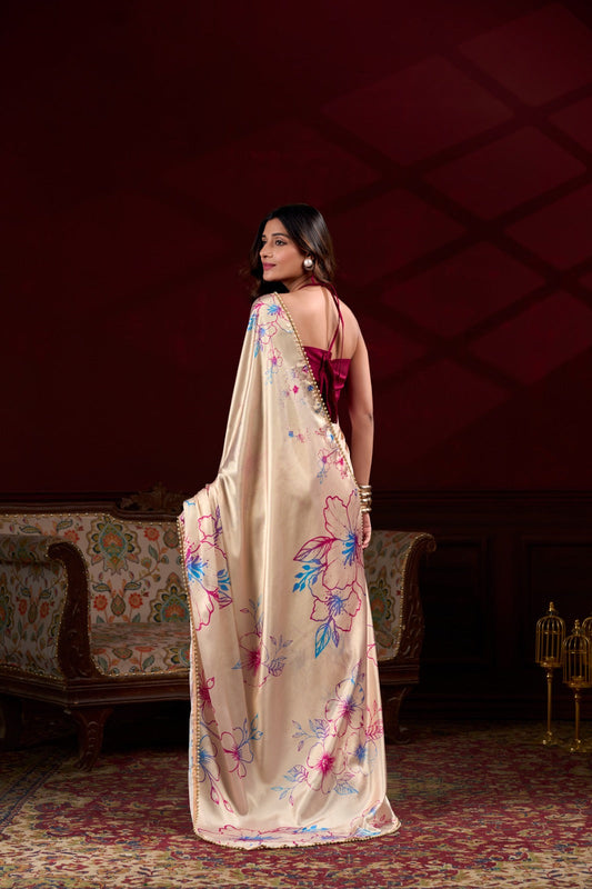 Radiant Peach Satin Silk Floral Printed Pearl Lace Border Saree - INDIAN ELEGANCE