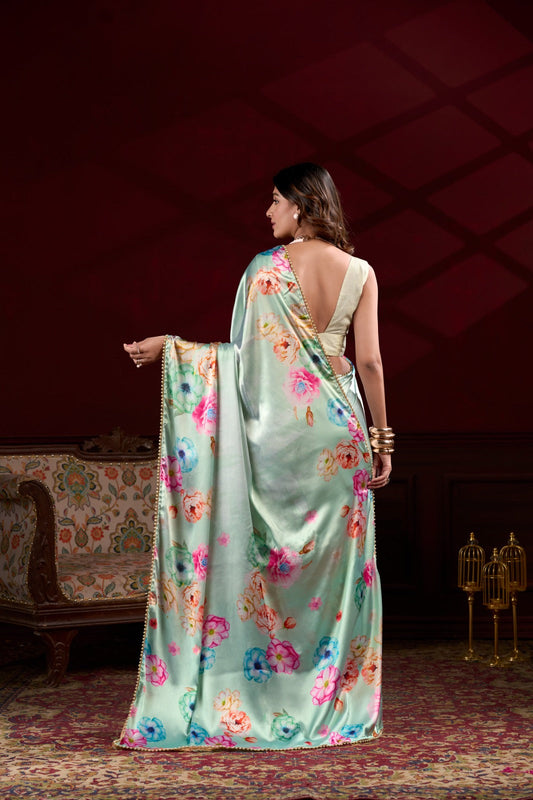 Mesmerizing Pista Green Satin Silk Floral Printed Pearl Lace Border Saree - INDIAN ELEGANCE