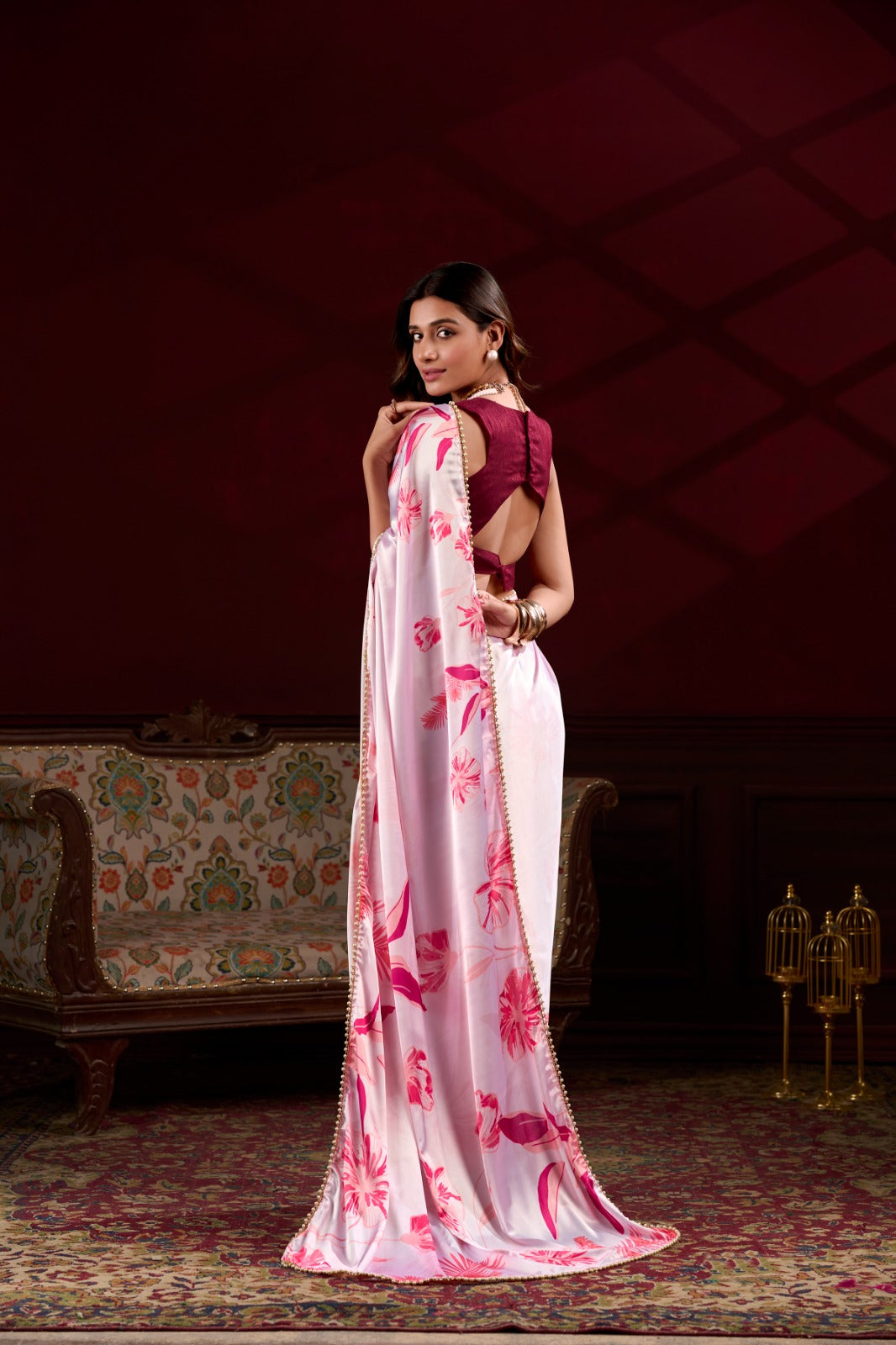 Spellbinding Pink Satin Silk Floral Printed Pearl Lace Border Saree - INDIAN ELEGANCE