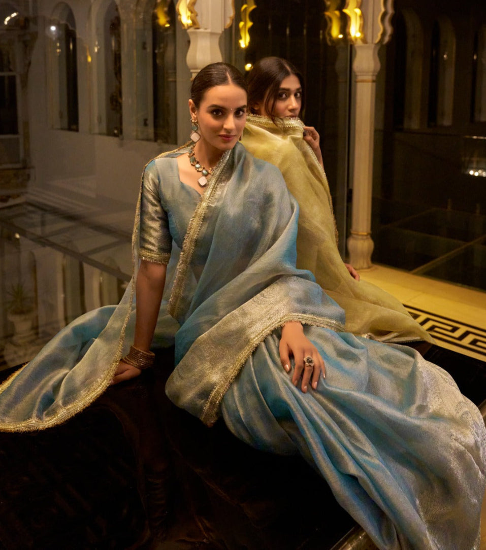 Graceful Tissue Shimmer Saree With Zari Weaving Work-Royalty Look