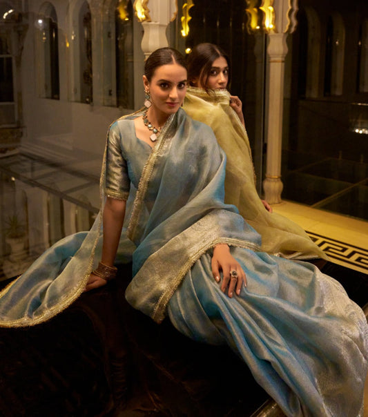 Graceful Tissue Shimmer Saree With Zari Weaving Work-Royalty Look