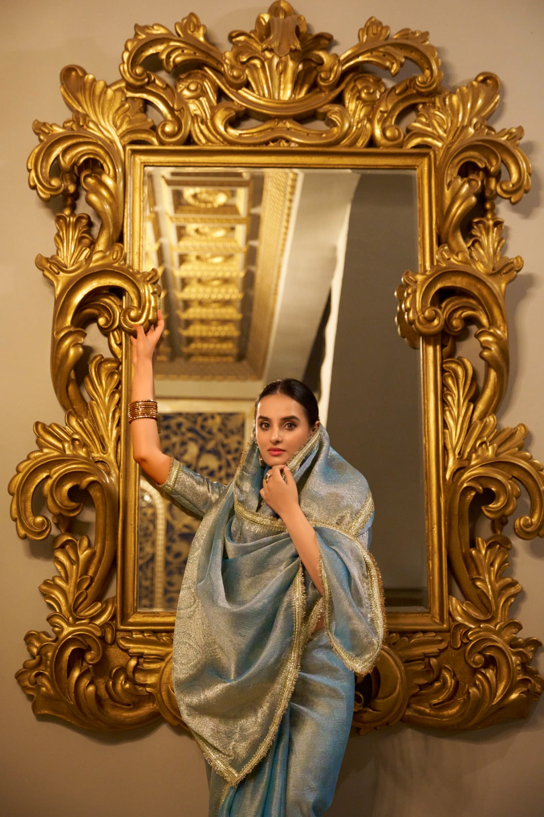 Graceful Tissue Shimmer Saree With Zari Weaving Work-Royalty Look