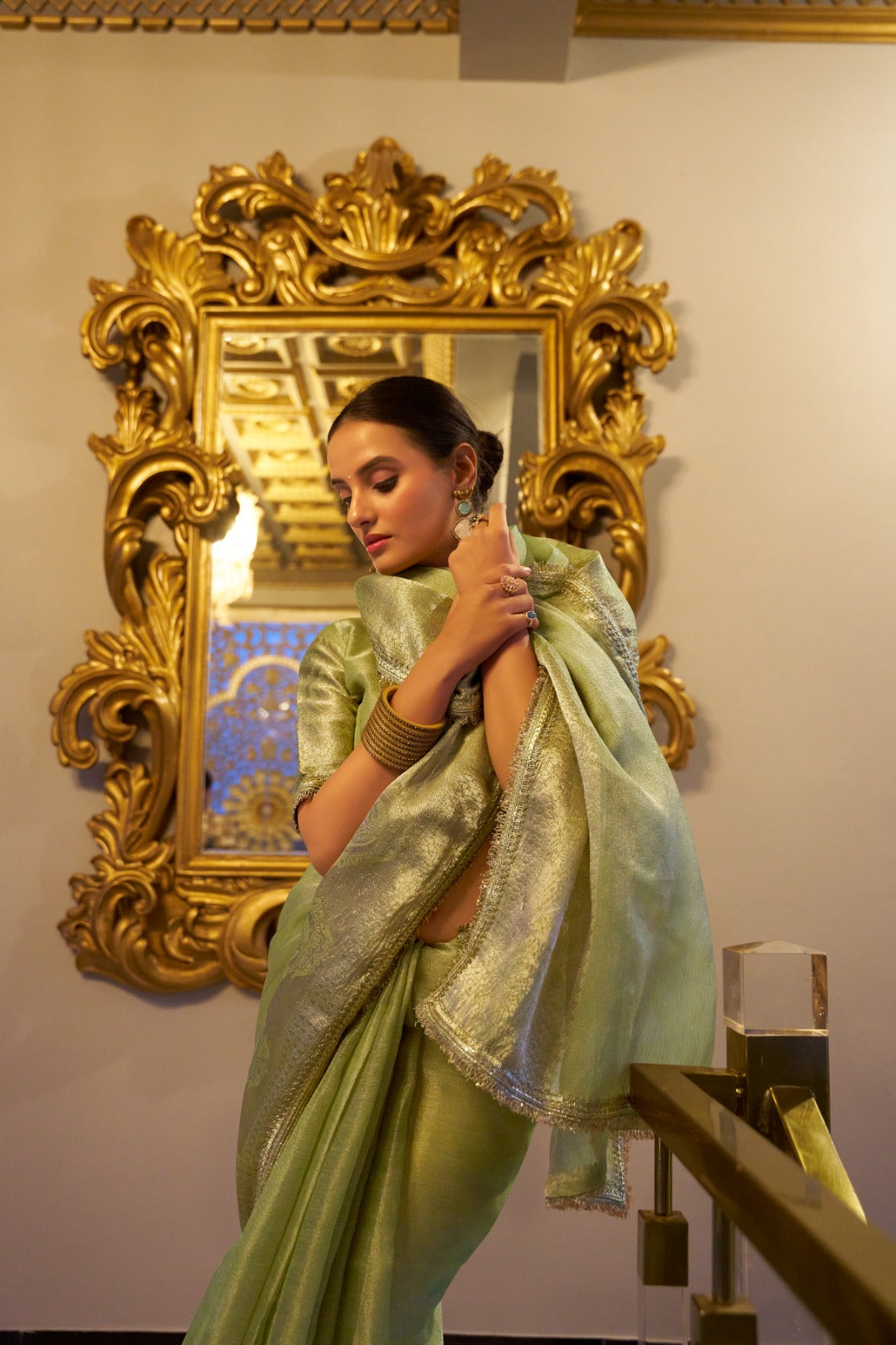 Graceful Tissue Shimmer Saree With Zari Weaving Work-Royalty Look