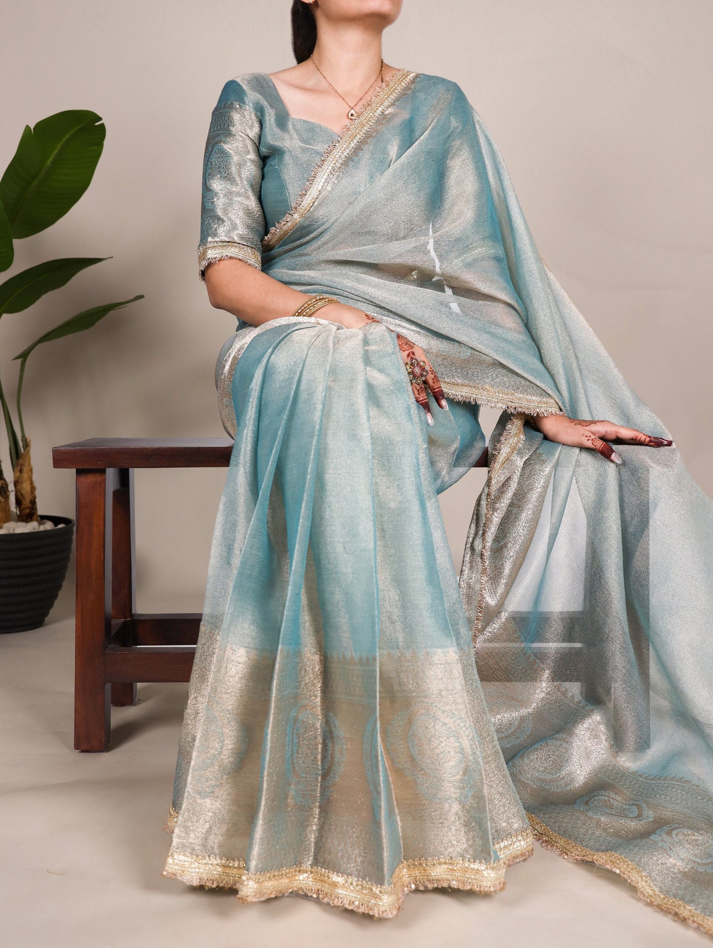 Graceful Tissue Shimmer Saree With Zari Weaving Work-Royalty Look