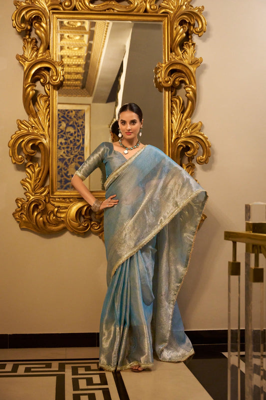 Graceful Tissue Shimmer Saree With Zari Weaving Work-Royalty Look