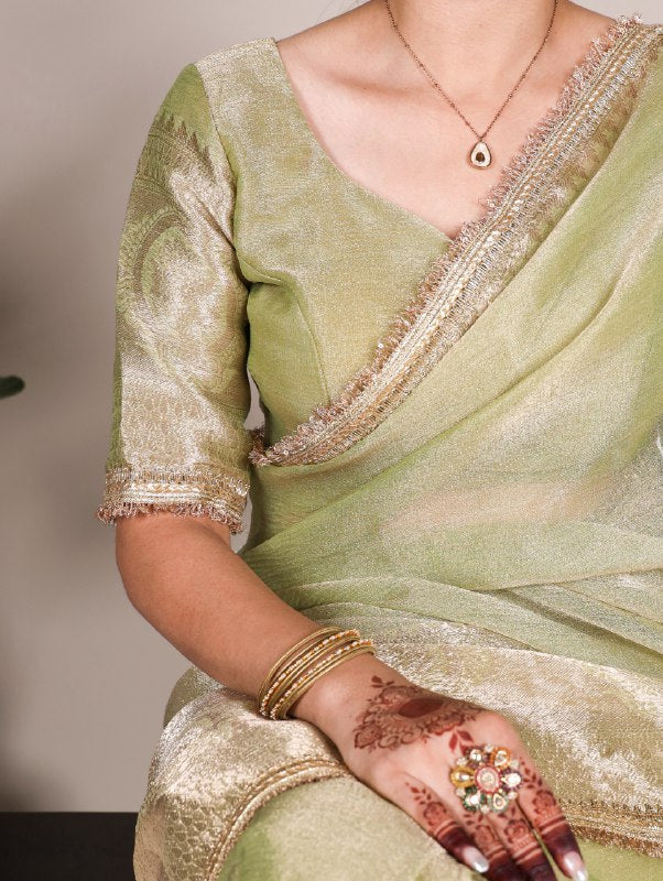 Graceful Tissue Shimmer Saree With Zari Weaving Work-Royalty Look