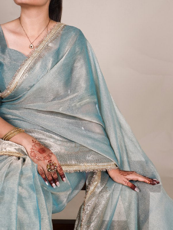Graceful Tissue Shimmer Saree With Zari Weaving Work-Royalty Look