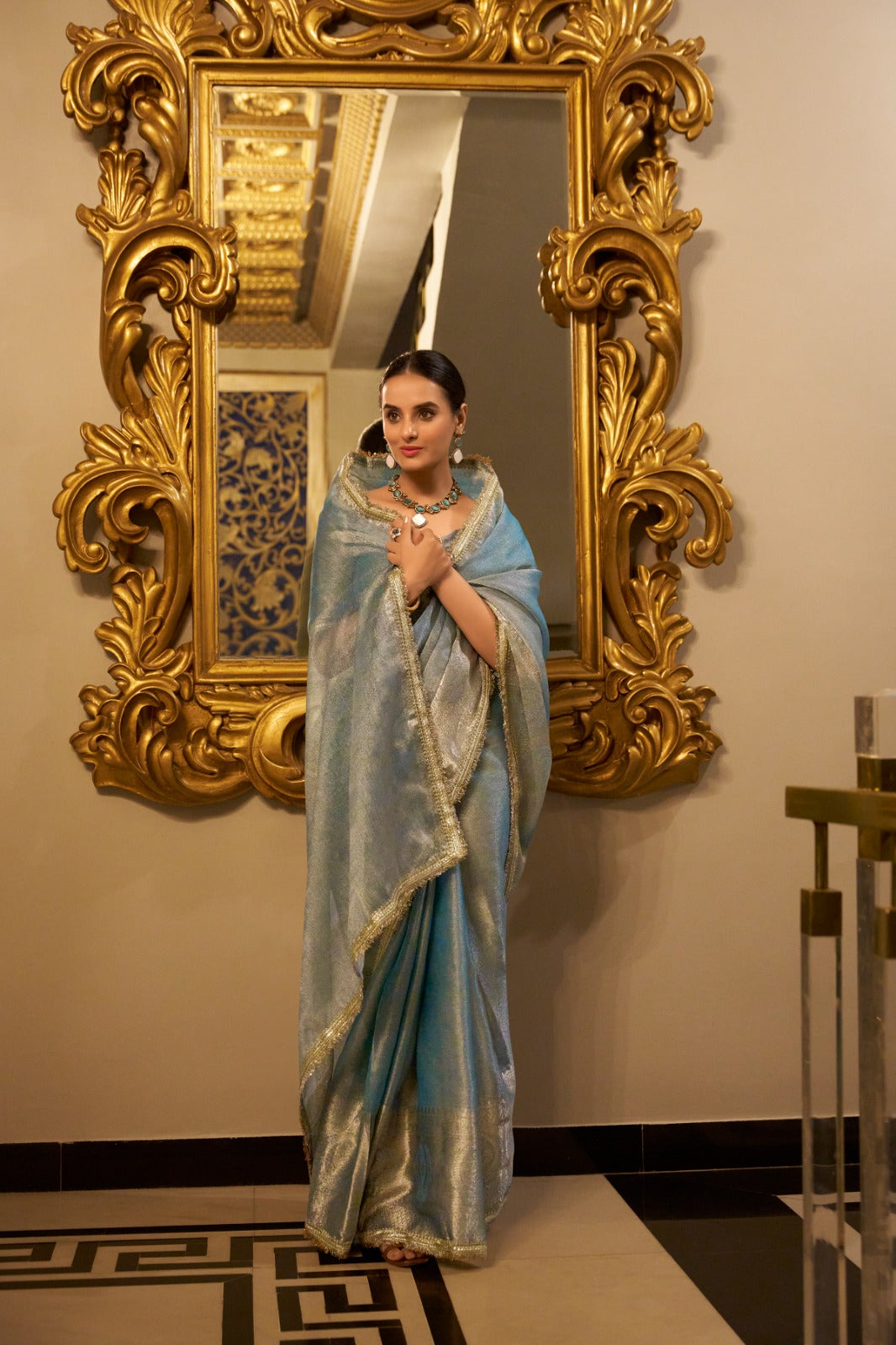Graceful Tissue Shimmer Saree With Zari Weaving Work-Royalty Look