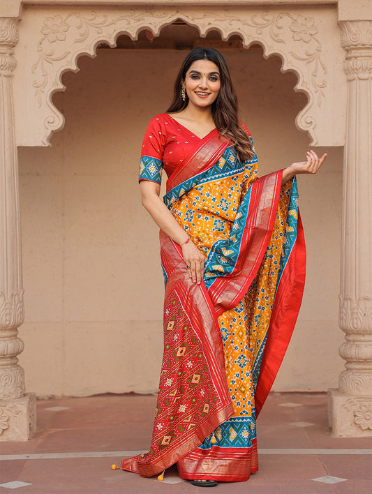 Sublime Mustard Patola Printed Mustard Dola Silk Saree - INDIAN ELEGANCE
