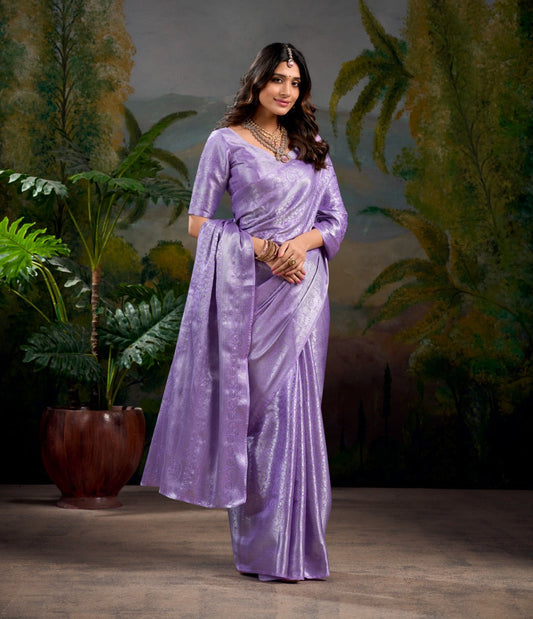 Lovely Lavender Kanjivaram Silk Zari Weaving Worked Saree - INDIAN ELEGANCE