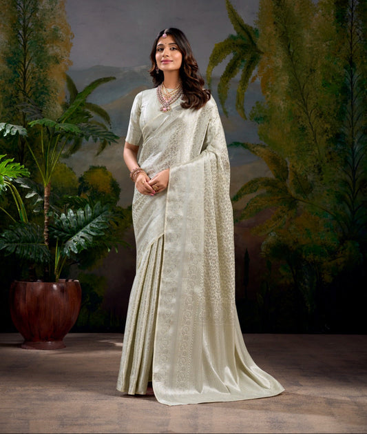 Exquisite Off White Kanjivaram Silk Zari Weaving Worked Saree - INDIAN ELEGANCE