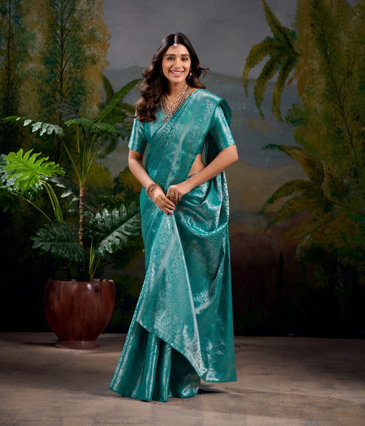Graceful Firozi Kanjivaram Silk Zari Weaving Worked Saree - INDIAN ELEGANCE