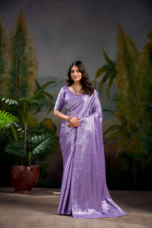 Lovely Lavender Kanjivaram Silk Zari Weaving Worked Saree - INDIAN ELEGANCE