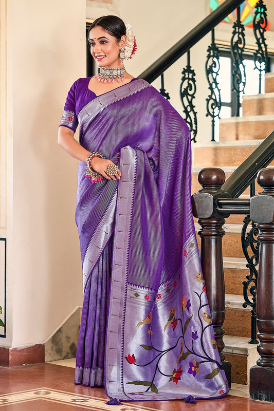 Stylish Purple Viscose Paithani Meenakari Weaving Worked Saree - INDIAN ELEGANCE