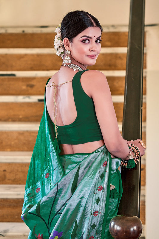 Breathtaking Green Viscose Paithani Meenakari Weaving Worked Saree - INDIAN ELEGANCE