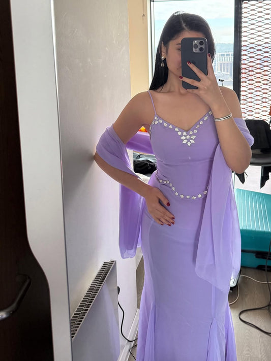 Lavender Pure Georgette Fish Cut Lehenga Choli Set With Stiched Blouse