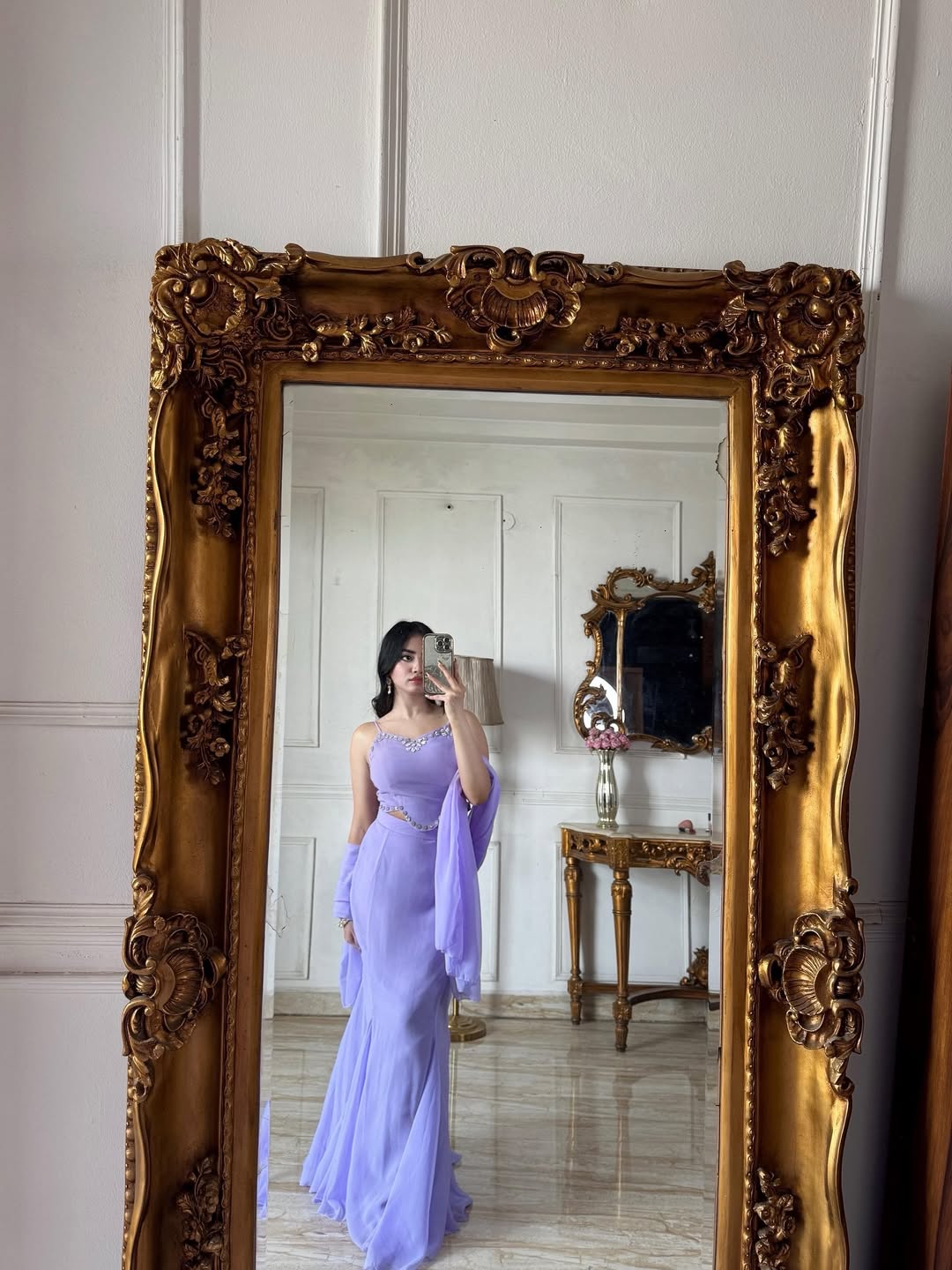 Lavender Pure Georgette Fish Cut Lehenga Choli Set With Stiched Blouse