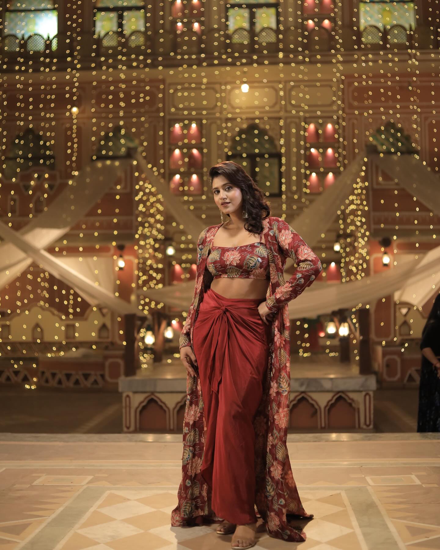 Marron Draped Knotted Skirt Blouse and Shrug With Print Party Wear Suits